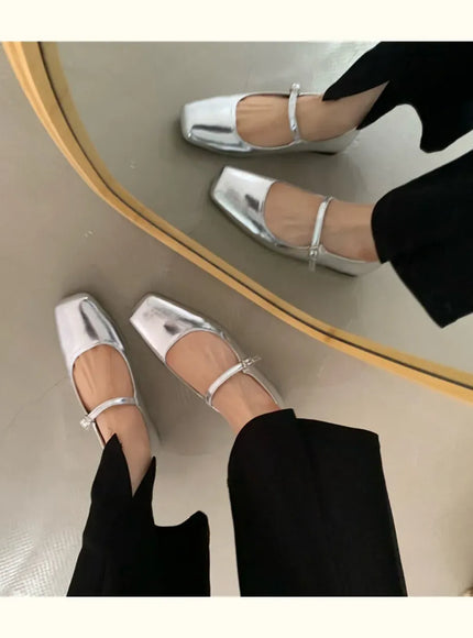 KissICON Retro Square Toe Shallow Mouth Silver Flat Shoes