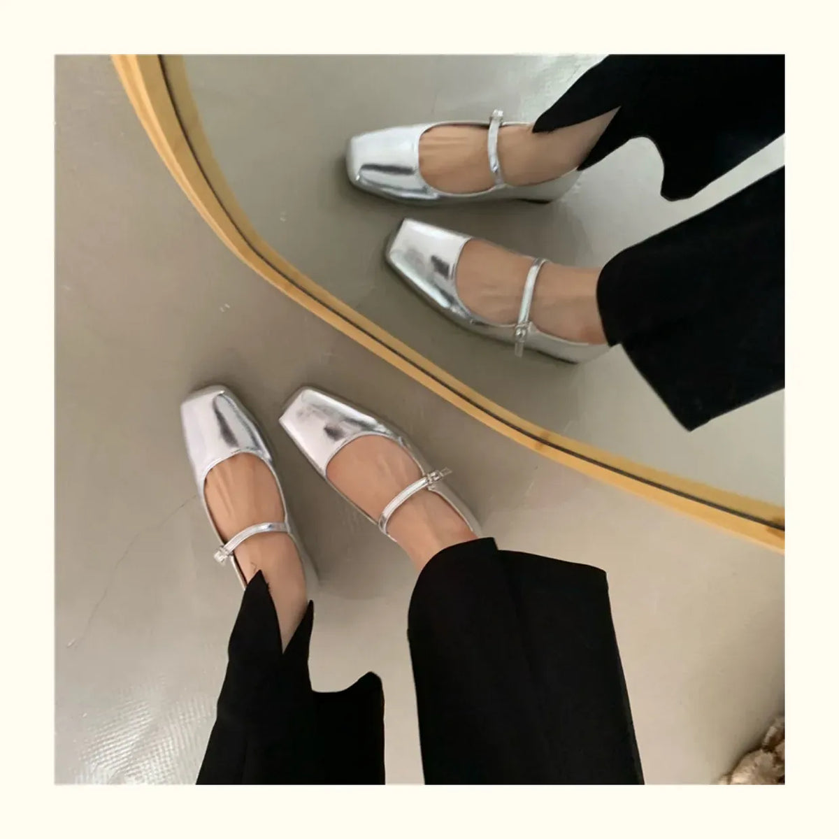 KissICON Retro Square Toe Shallow Mouth Silver Flat Shoes