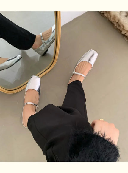 KissICON Retro Square Toe Shallow Mouth Silver Flat Shoes