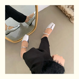 KissICON Retro Square Toe Shallow Mouth Silver Flat Shoes