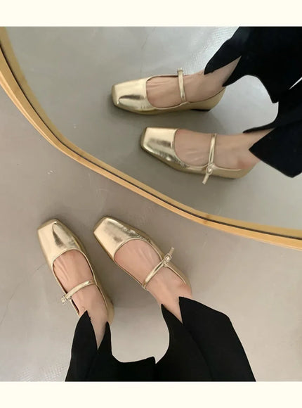 KissICON Retro Square Toe Shallow Mouth Silver Flat Shoes