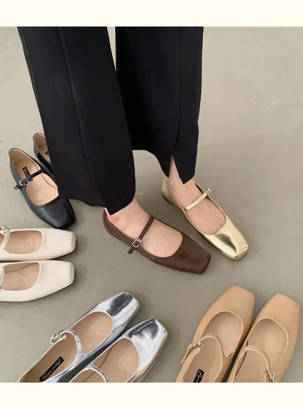 KissICON Retro Square Toe Shallow Mouth Silver Flat Shoes