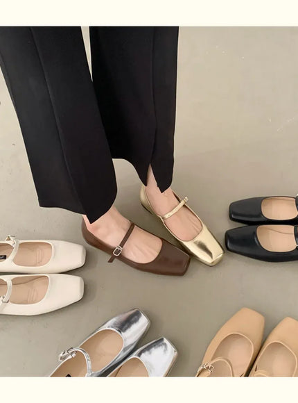 KissICON Retro Square Toe Shallow Mouth Silver Flat Shoes