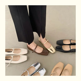 KissICON Retro Square Toe Shallow Mouth Silver Flat Shoes