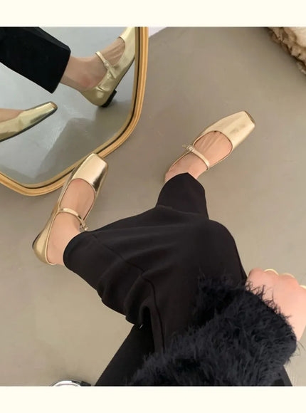 KissICON Retro Square Toe Shallow Mouth Silver Flat Shoes