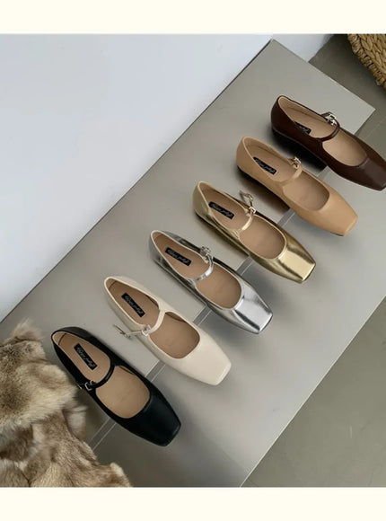 KissICON Retro Square Toe Shallow Mouth Silver Flat Shoes