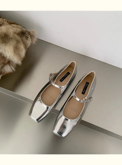 KissICON Retro Square Toe Shallow Mouth Silver Flat Shoes
