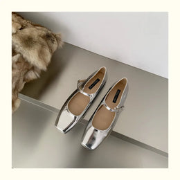 KissICON Retro Square Toe Shallow Mouth Silver Flat Shoes