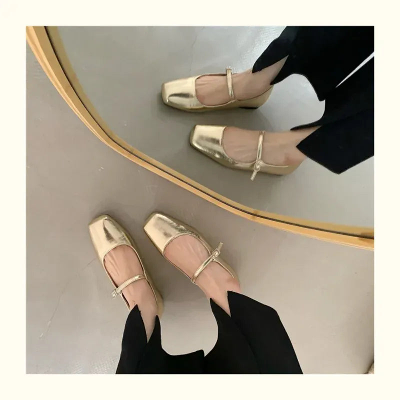 KissICON Retro Square Toe Shallow Mouth Silver Flat Shoes
