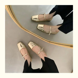 KissICON Retro Square Toe Shallow Mouth Silver Flat Shoes