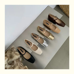 KissICON Retro Square Toe Shallow Mouth Silver Flat Shoes
