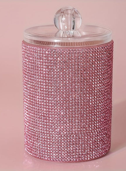 KissICON Rhinestone Cotton Swab Jar with Pink Rhinestones - 1pc Rhinestone Vanity Storage Jar – Dustproof Organiser