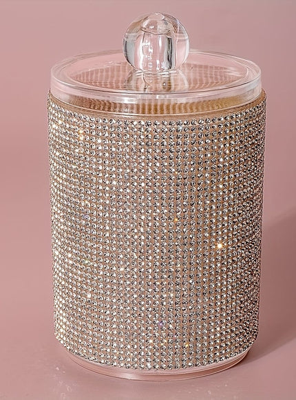 KissICON Rhinestone Cotton Swab Jar with White Rhinestones - 1pc Rhinestone Vanity Storage Jar – Dustproof Organiser