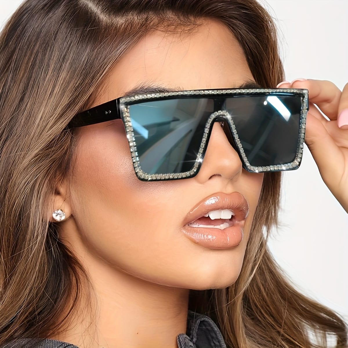 jkthpu-45 Sunglasses Rhinestone Sunglasses – Oversized Square Frame | Gray & Black