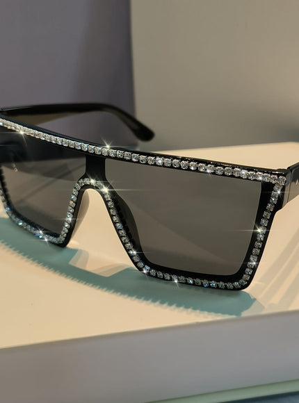 jkthpu-45 Sunglasses Rhinestone Sunglasses – Oversized Square Frame | Gray & Black