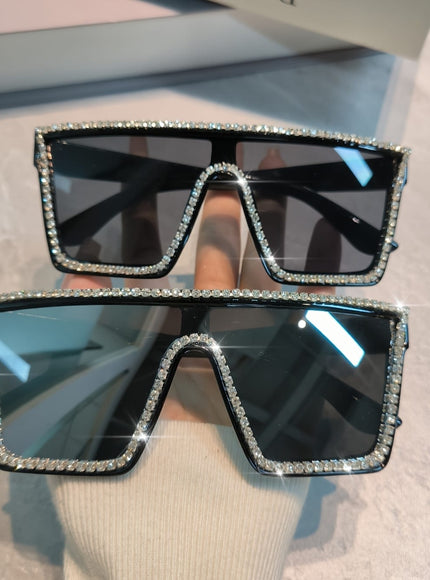 jkthpu-45 Sunglasses Rhinestone Sunglasses – Oversized Square Frame | Gray & Black