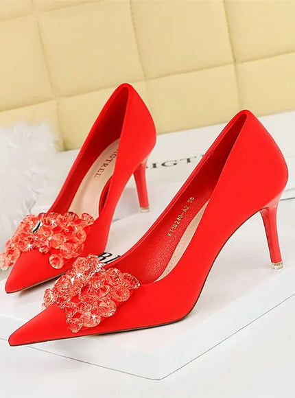 KissICON Rhinestones Women Pointed Toe Shallow Mouth Pumps Crystal