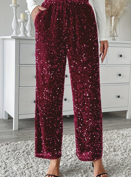 jkthpu-45 Rich Burgundy / UK Size 8 Velvet Sequin Front Loose Straight Elastic Waist Pants