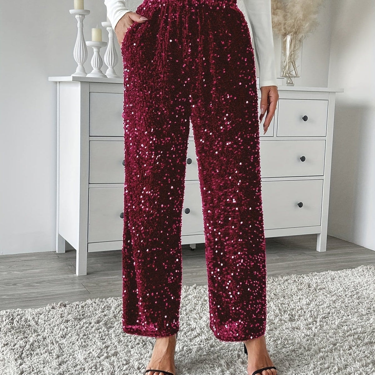 jkthpu-45 Rich Burgundy / UK Size 8 Velvet Sequin Front Loose Straight Elastic Waist Pants