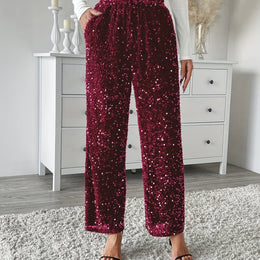 jkthpu-45 Rich Burgundy / UK Size 8 Velvet Sequin Front Loose Straight Elastic Waist Pants
