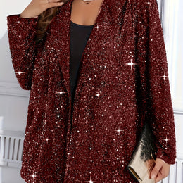 jkthpu-45 Rich Crimson / UK 24 (US 20) Sparkling Elegant Plus Size Lapel Coat SpringAutumn Chic