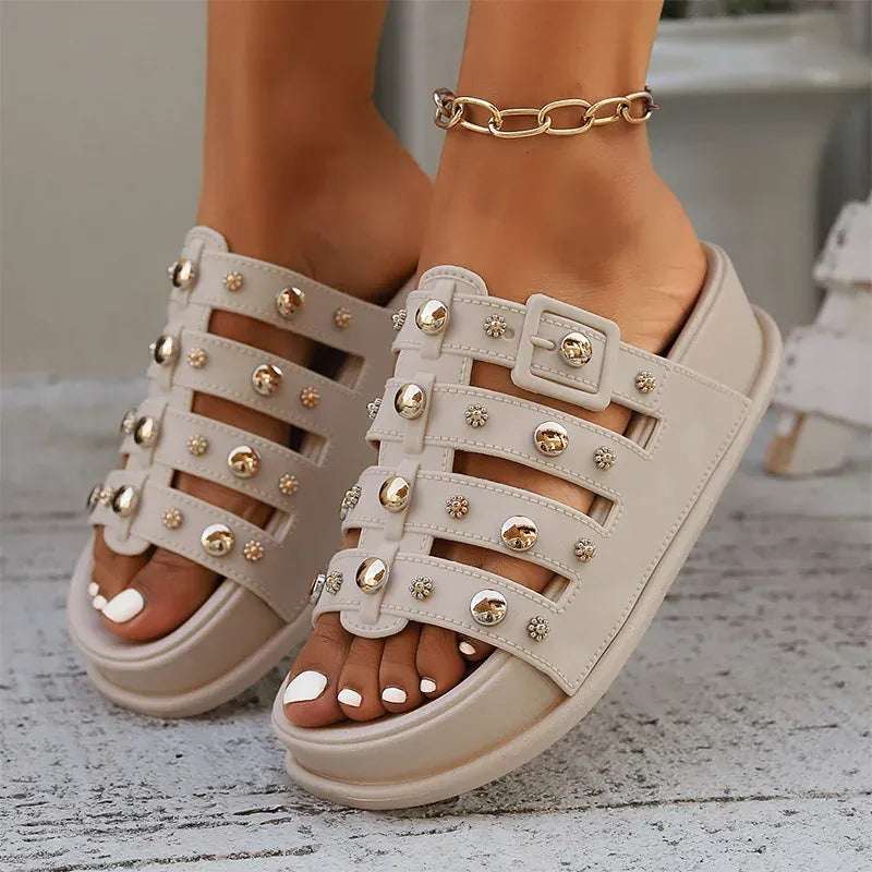 KissICON Rivet Metal Decor Flat Sandals for Women Plus