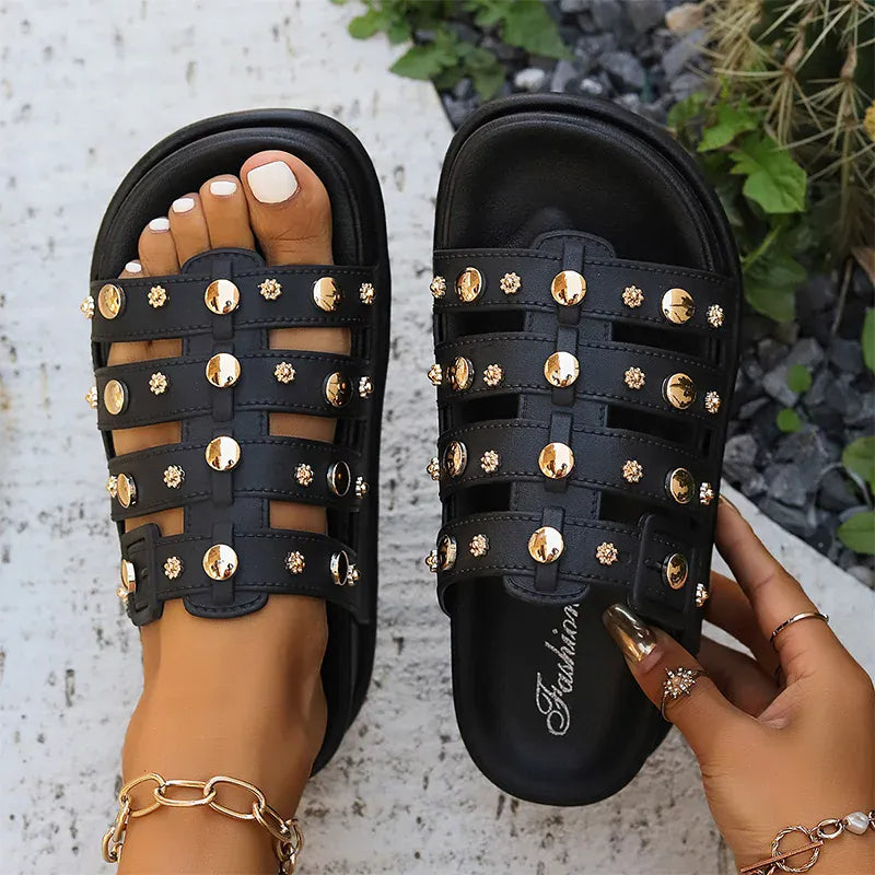 KissICON Rivet Metal Decor Flat Sandals for Women Plus