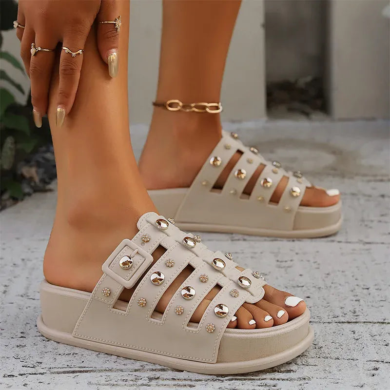 KissICON Rivet Metal Decor Flat Sandals for Women Plus