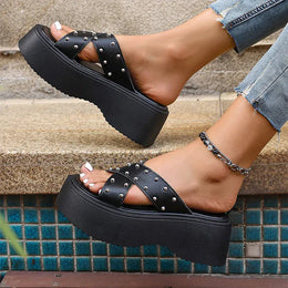 KissICON Rivet Punk Wedges Sandals for Women Cross Band