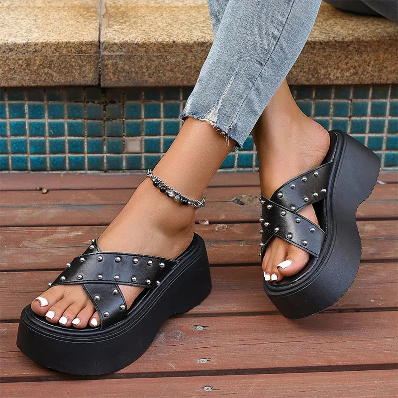 KissICON Rivet Punk Wedges Sandals for Women Cross Band