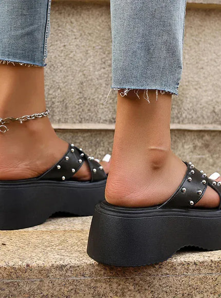 KissICON Rivet Punk Wedges Sandals for Women Cross Band