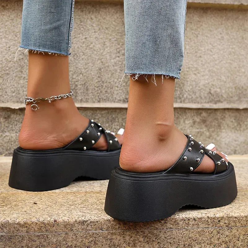 KissICON Rivet Punk Wedges Sandals for Women Cross Band