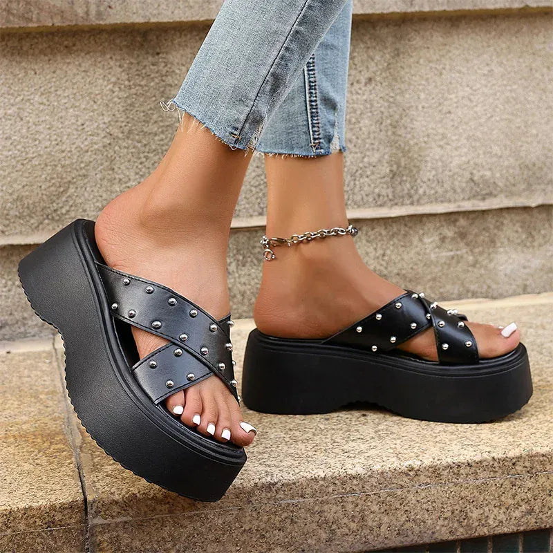 KissICON Rivet Punk Wedges Sandals for Women Cross Band