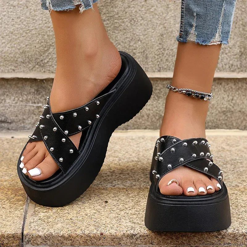 KissICON Rivet Punk Wedges Sandals for Women Cross Band