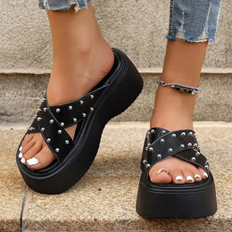 KissICON Rivet Punk Wedges Sandals for Women Cross Band