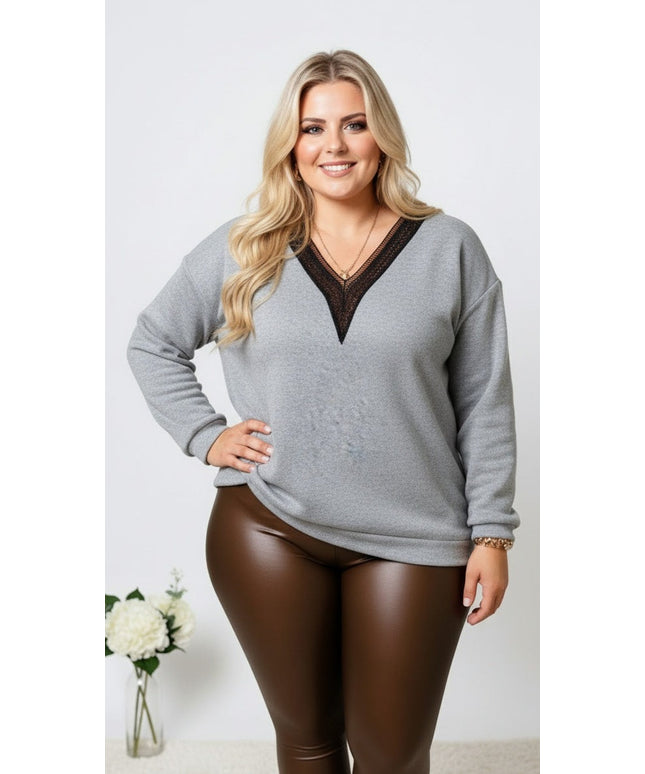 Plus Size Autumn Winter Elegant VNeck Lace Pullover Sweatshirt