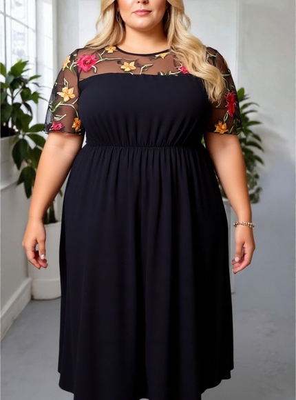 Plus Size Floral Embroidery Mesh Patchwork Dress – Cinched Waist Romantic Elegance