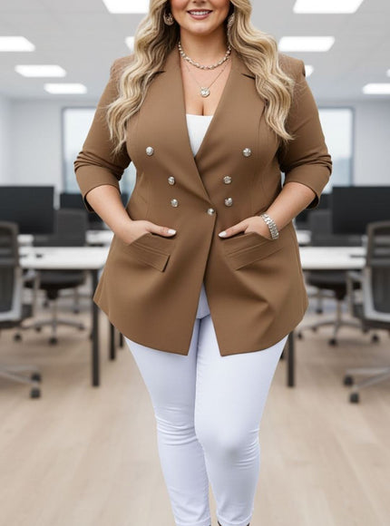 Chic Tan Double-Breasted Blazer – Plus Size Power Dressing