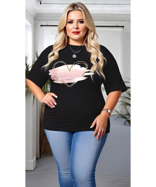 Black Oversized Heart Print T-Shirt – Casual Plus Size Top