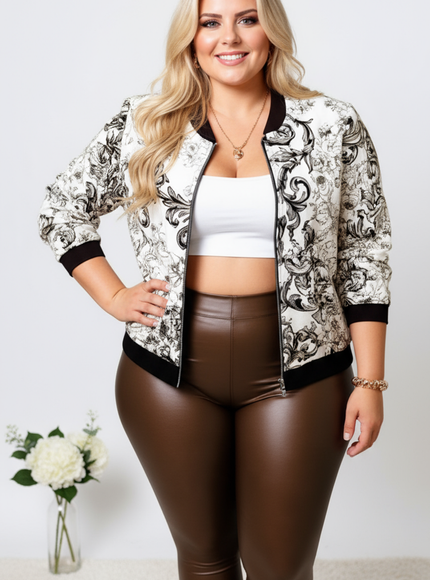 Elegant Floral Plus Size Bomber Jacket SpringFall Chic
