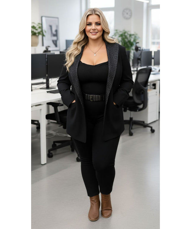 Black Sparkle Lapel Office Jacket – Plus Size Elegance