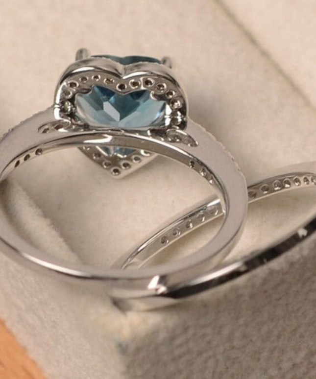 Blue Heart Zircon Ring For Women - White Gold Finish