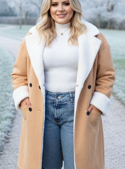 Camel Shearling-Lined Winter Coat – Plus Size Warmth & Style