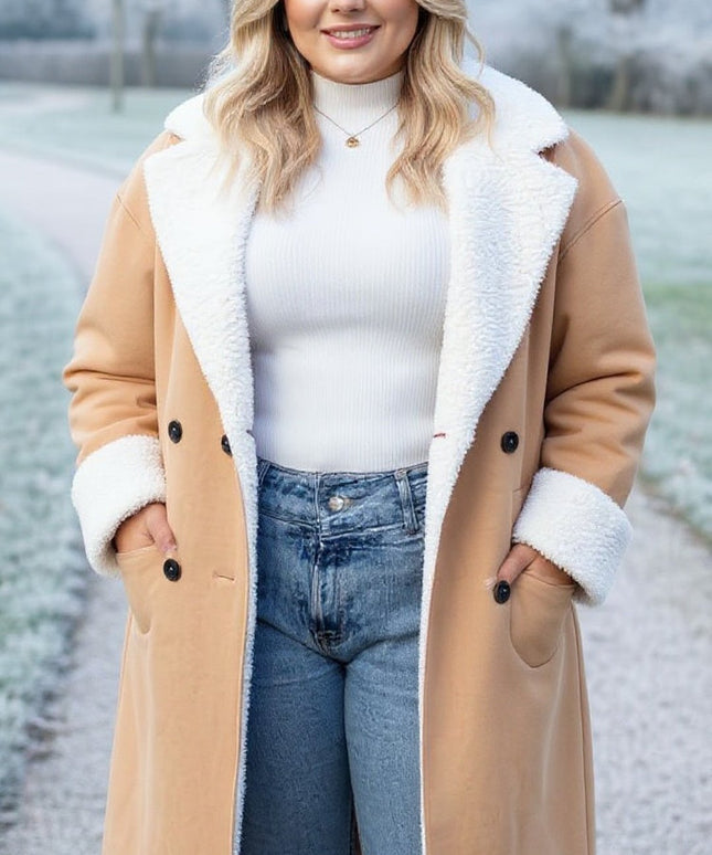 Camel Shearling-Lined Winter Coat – Plus Size Warmth & Style