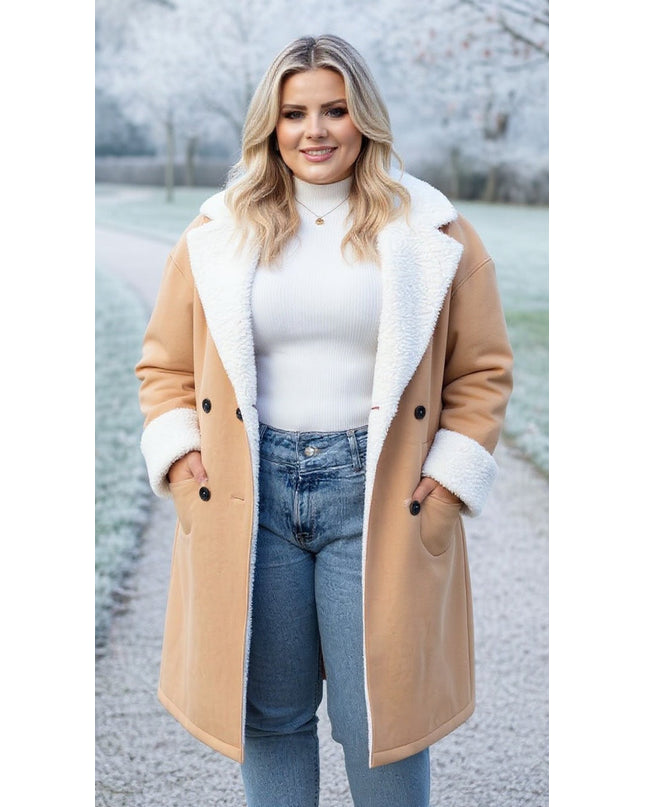 Camel Shearling-Lined Winter Coat – Plus Size Warmth & Style