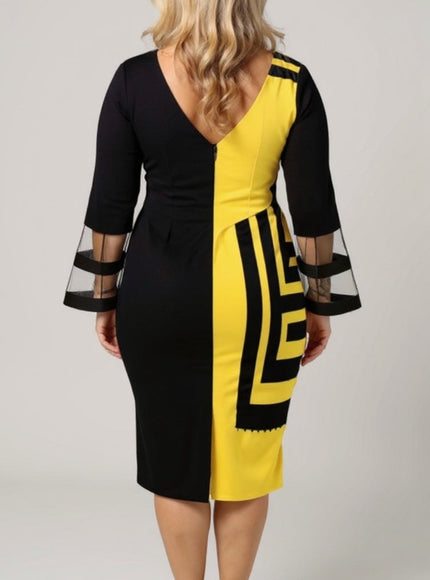 Plus Size Black & Yellow Bodycon Midi Dress