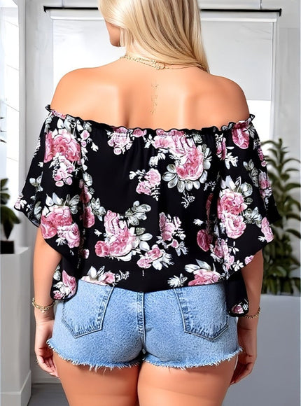 Kissicon Plus Size Floral Ruffle Off-Shoulder Top