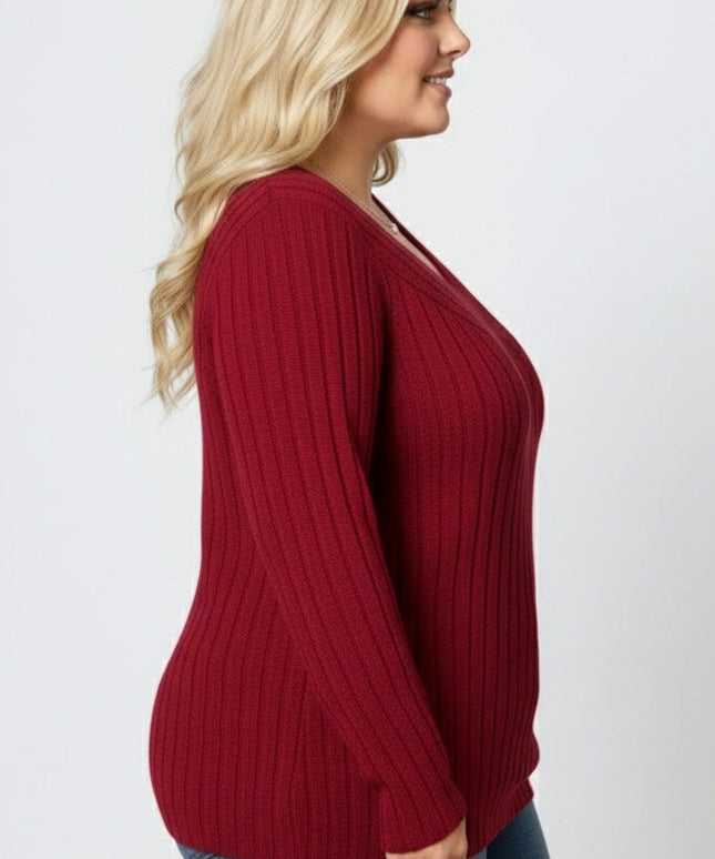 Cozy Plus Size VNeck Ribbed Sweater Casual FallWinter Essential