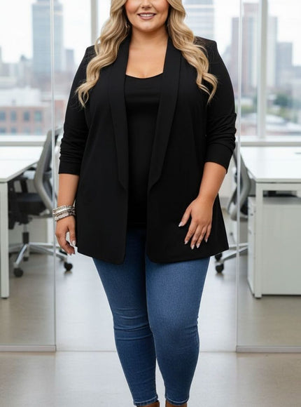 Elegant Black Draped Office Jacket – Plus Size Confidence Wear