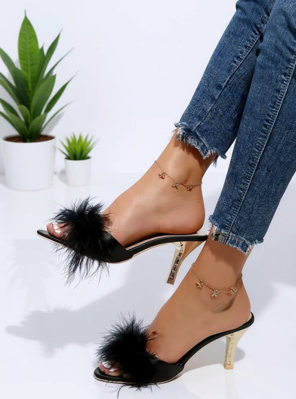 Black Feather Mule Heels with Gold Heel